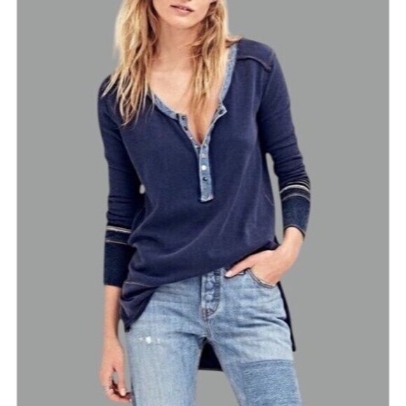 Free People Blue Slouchy Exposed Stitch Embellished Henley Top | Boho Grunge S - Picture 14 of 16
